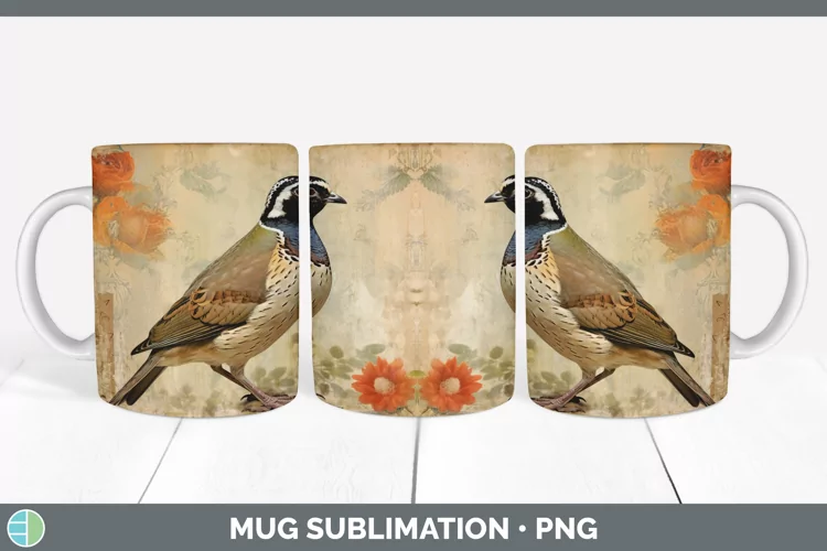 Vintage Quail Bird Mug Wrap | Sublimation Coffee Cup Designs