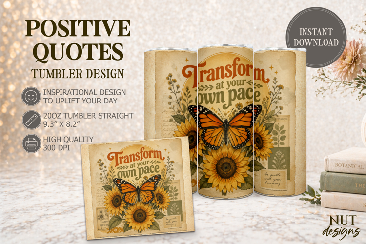 Butterfly Sunflower Tumbler Vintage, Inspirational quotes