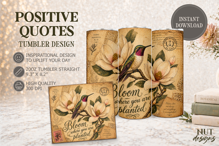 Hummingbird Magnolia Vintage Tumbler, Inspirational quotes