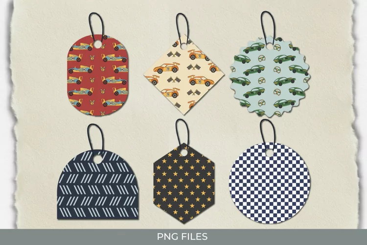 Vintage Racing Car Seamless Pattern Shaped Tags