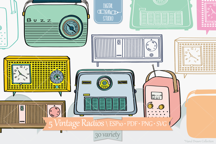 Vintage Radios| Colored Hand Drawn Retro Alarm