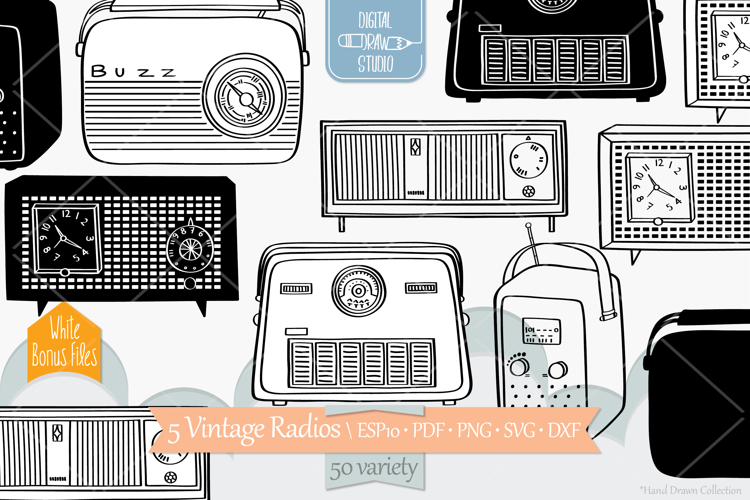 Vintage Radios Black & White | Hand Drawn Retro Alarm Clock
