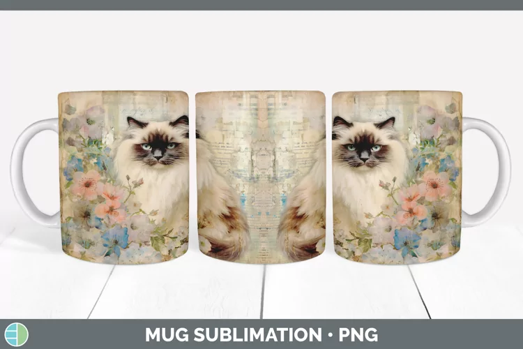 Vintage Ragdoll Cat Mug Wrap | Sublimation Coffee Cup Design