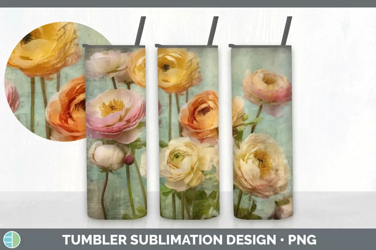 Vintage Ranunculus Flowers Tumbler | Sublimation 20 oz Skinn
