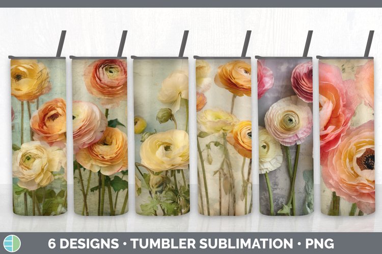 Vintage Ranunculus Flowers Tumbler | Sublimation 20 oz Skinn