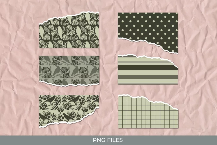 Vintage Raven and Floral Seamless Pattern Torn Paper
