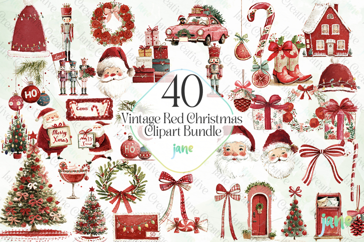 Vintage Red Christmas Clipart Bundle