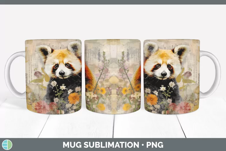 Vintage Red Panda Mug Wrap | Sublimation Coffee Cup Designs