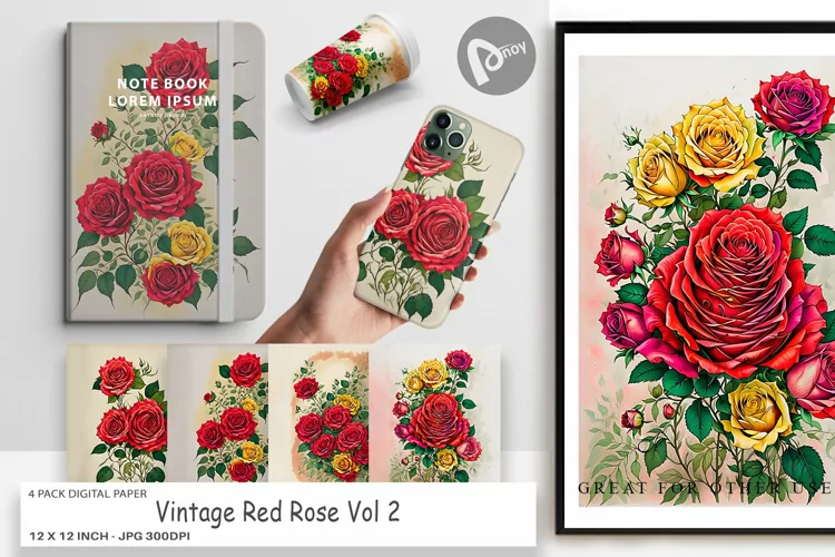 Digital Paper Vintage Red Rose