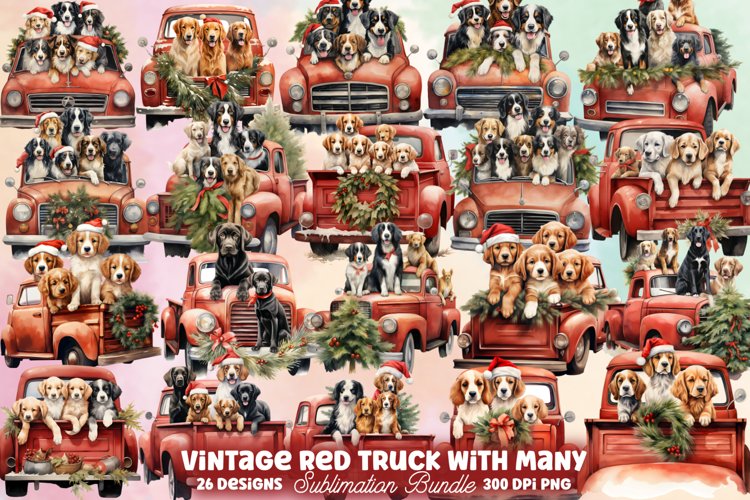 Vintage Red Truck With Dogs Christmas Clipart Bundle