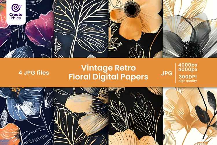 Vintage retro floral digital papers and flower patterns