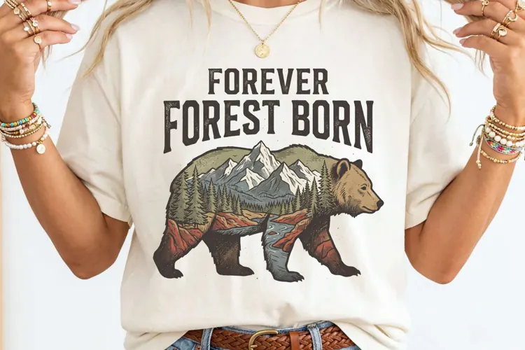 Vintage Retro Forever Forest Born Grizzly Bear PNG