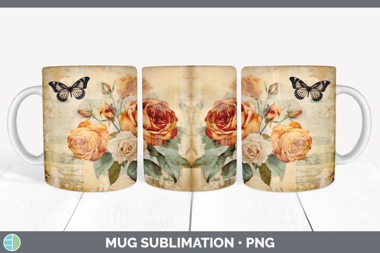 Vintage Rose Flowers Mug Wrap | Sublimation Coffee Cup Desig