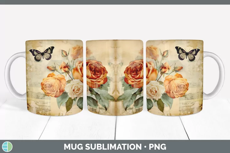 Vintage Rose Flowers Mug Wrap | Sublimation Coffee Cup Desig