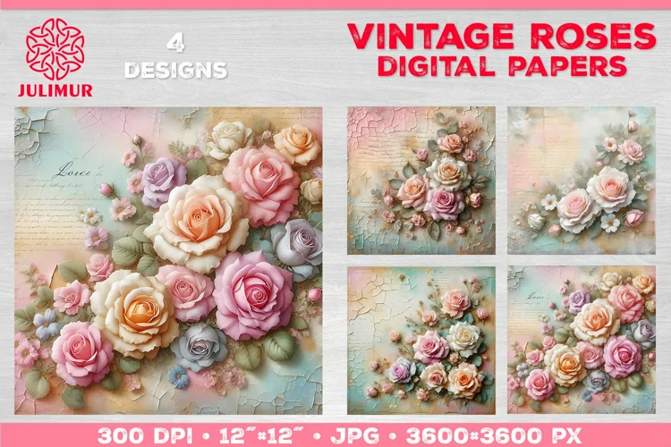 Vintage Roses Pastel Digital Paper. Valentine Digital Paper