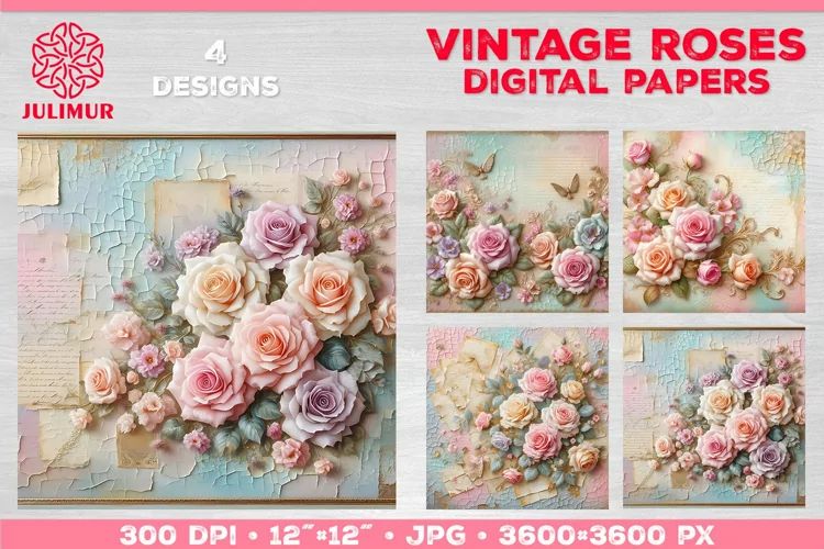 Vintage Roses Pastel Digital Paper. Valentine Digital Paper