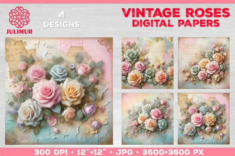 Vintage Roses Pastel Digital Paper. Valentine Digital Paper