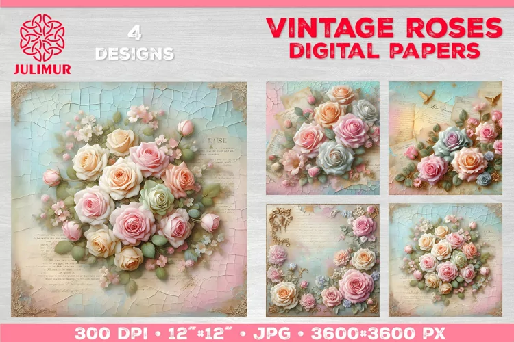 Vintage Roses Pastel Digital Paper. Valentine Digital Paper