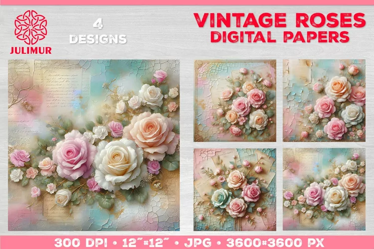 Vintage Roses Pastel Digital Paper. Valentine Digital Paper
