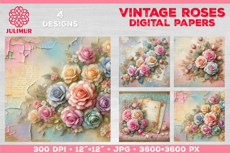 Vintage Roses Pastel Digital Paper. Valentine Digital Paper