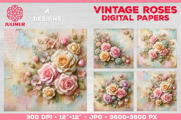 Vintage Roses Pastel Digital Paper. Valentine Digital Paper
