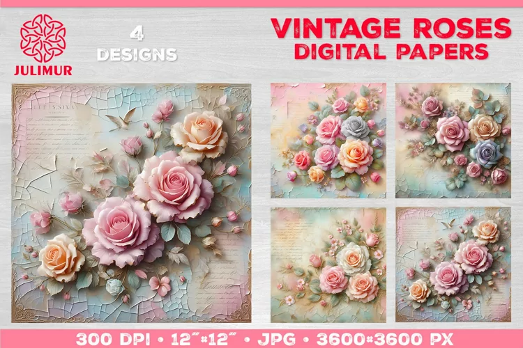 Vintage Roses Pastel Digital Paper. Valentine Digital Paper