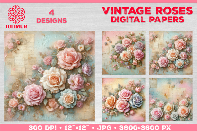 Vintage Roses Pastel Digital Paper. Valentine Digital Paper