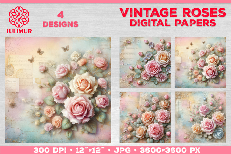 Vintage Roses Pastel Digital Paper. Valentine Digital Paper