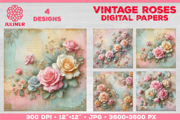 Vintage Roses Pastel Digital Paper. Valentine Digital Paper