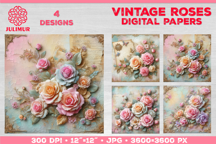Vintage Roses Pastel Digital Paper. Valentine Digital Paper