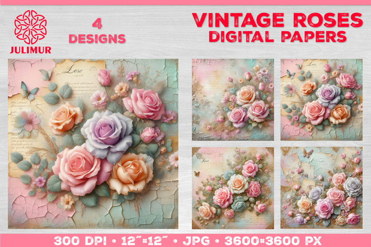 Vintage Roses Pastel Digital Paper. Valentine Digital Paper
