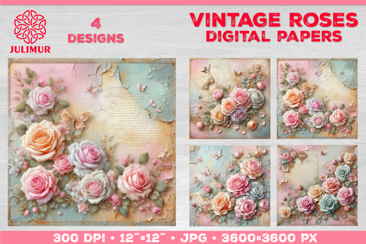 Vintage Roses Pastel Digital Paper. Valentine Digital Paper