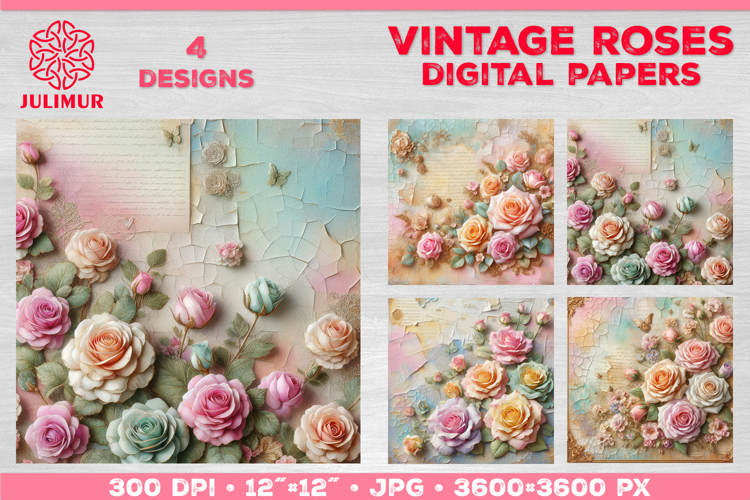 Vintage Roses Pastel Digital Paper. Valentine Digital Paper