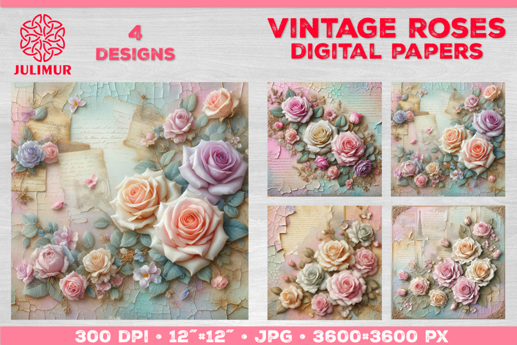 Vintage Roses Pastel Digital Paper. Valentine Digital Paper