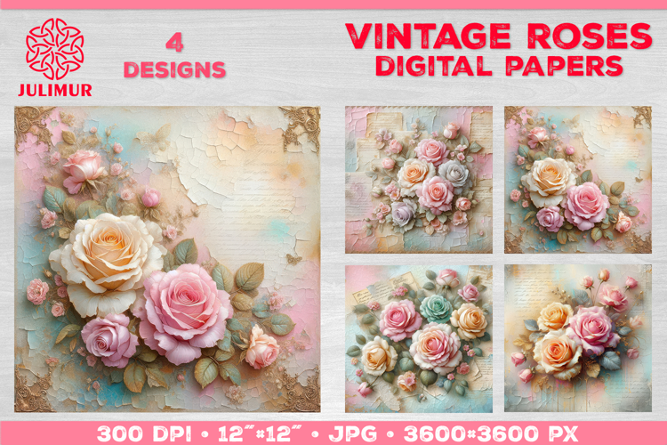 Vintage Roses Pastel Digital Paper. Valentine Digital Paper