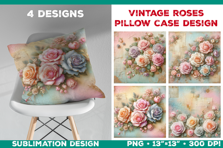 Romantic Vintage Roses Pillow Case Sublimation Design