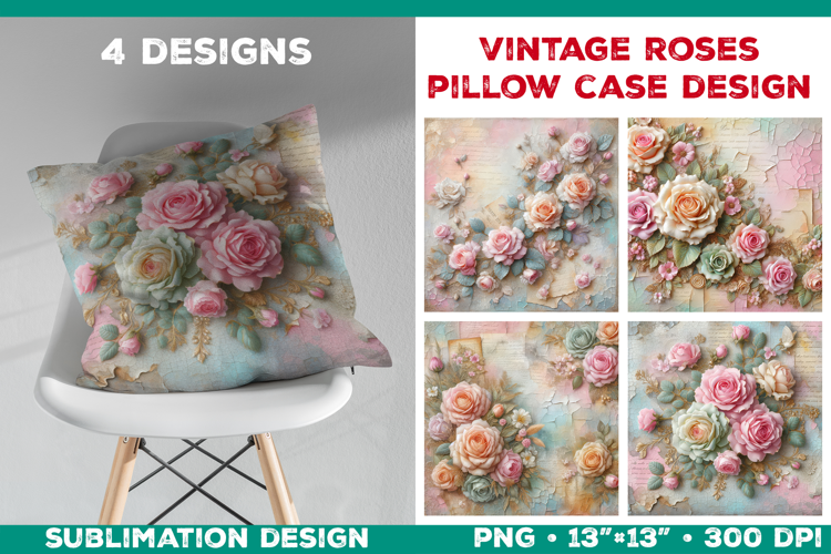Romantic Vintage Roses Pillow Case Sublimation Design