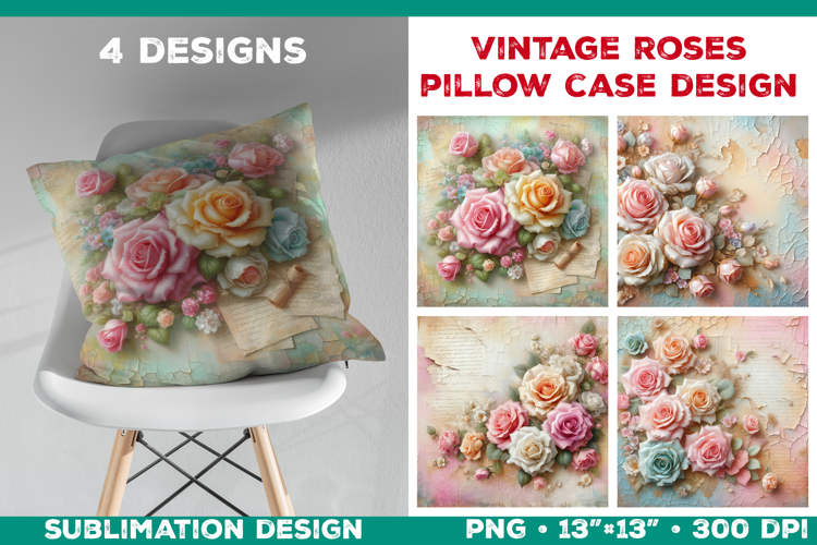 Romantic Vintage Roses Pillow Case Sublimation Design
