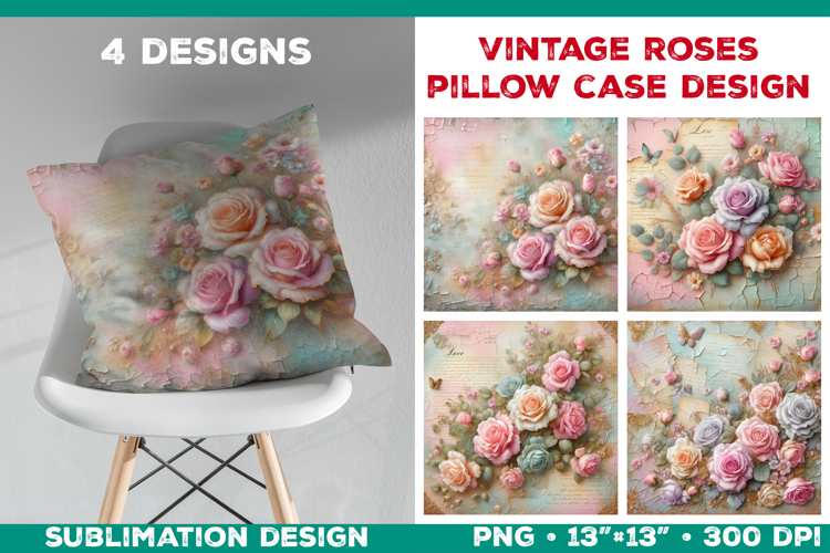 Romantic Vintage Roses Pillow Case Sublimation Design