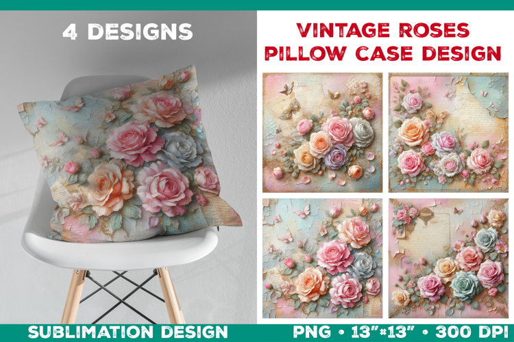 Romantic Vintage Roses Pillow Case Sublimation Design
