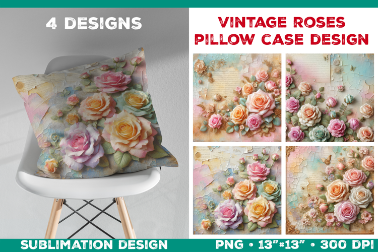 Romantic Vintage Roses Pillow Case Sublimation Design