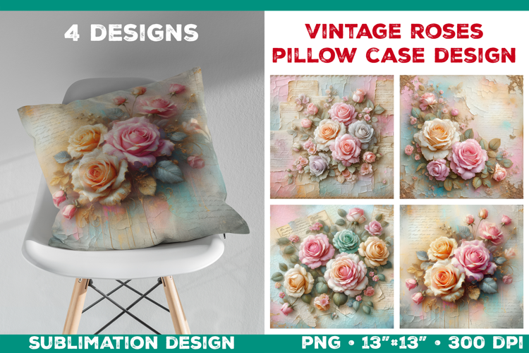 Romantic Vintage Roses Pillow Case Sublimation Design