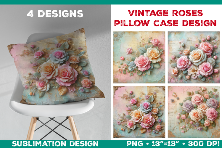 Romantic Vintage Roses Pillow Case Sublimation Design