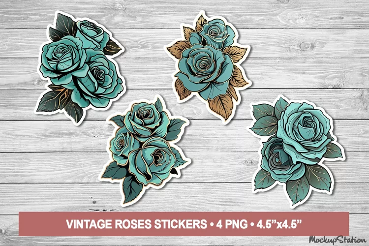 Roses Stickers | Vintage Flowers Printable PNG | Blue Floral