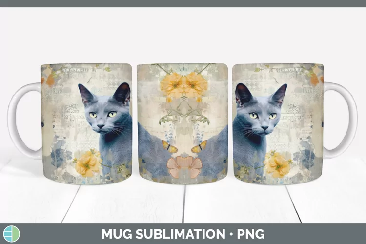 Vintage Russian Blue Cat Mug Wrap | Sublimation Coffee Cup D