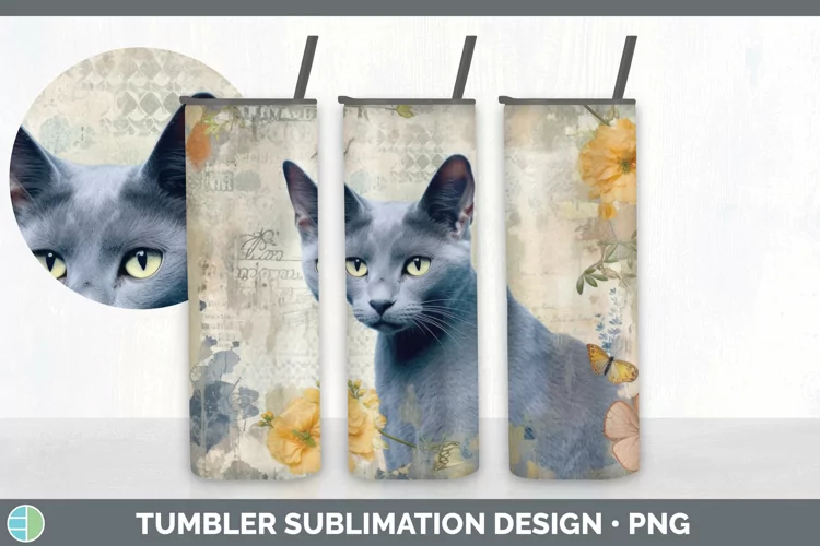 Vintage Russian Blue Cat Tumbler | Sublimation 20 oz Skinny
