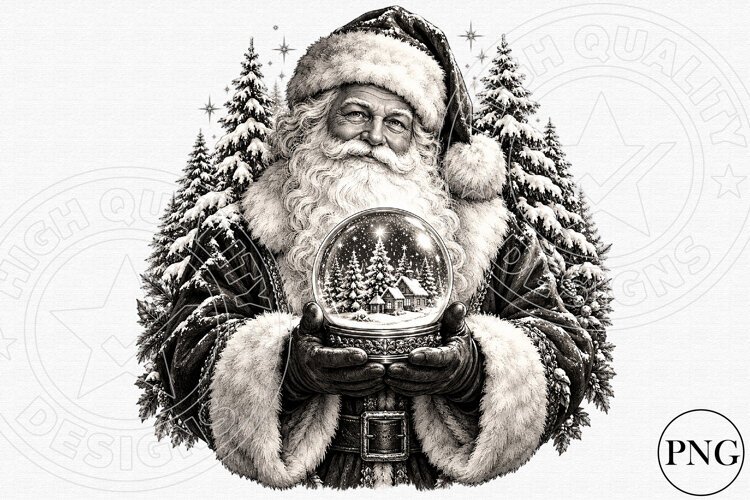 Vintage Santa Christmas Snow Globe PNG | Black & White Winte example image 1