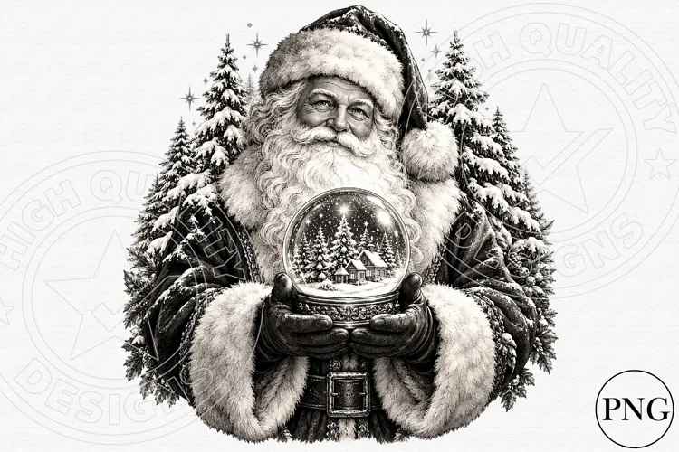 Vintage Santa Christmas Snow Globe PNG | Black & White Winte