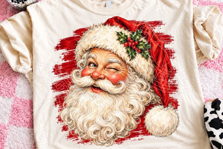 Vintage Santa Face Winking Christmas Santa Distressed PNG example image 1