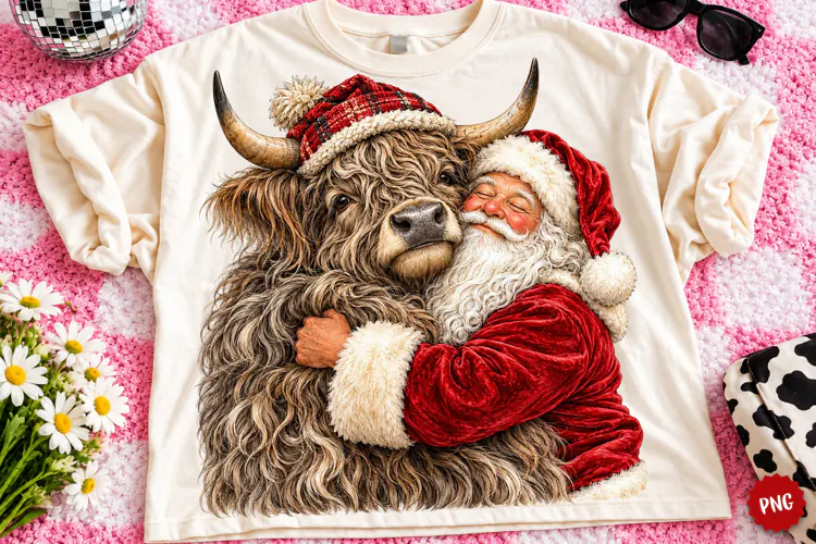 Santa & Highland Cow Christmas PNG | Heartwarming Holiday